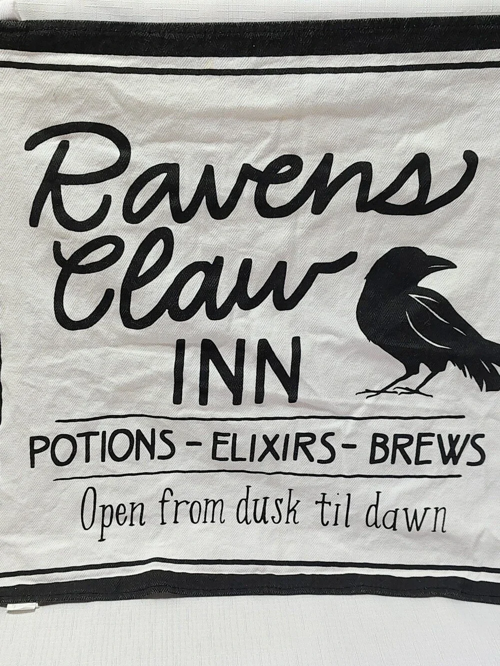 The Raven's Claw Inn Black & White Bar Towel Inn Tavern Halloween Decor